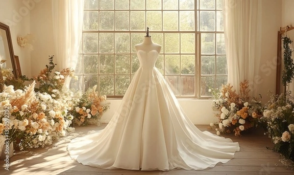 Obraz a bridal gown displayed on a mannequin in a bright, airy room.