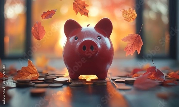 Fototapeta a piggy bank with fall leaves around coins.
