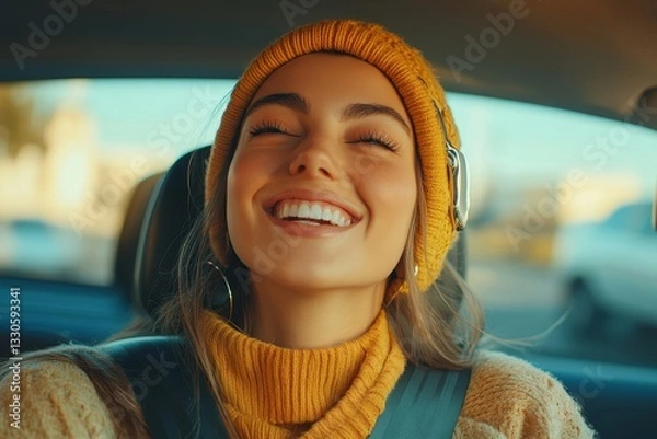 Obraz a woman in a yellow hat and sweater smiling while in a car