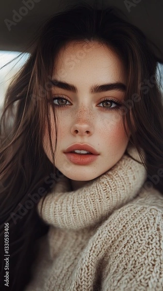 Obraz a close-up portrait of a young woman with long brown hair and freckles.