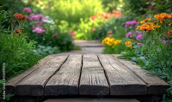 Obraz wooden walkway leading through a vibrant flower garden.