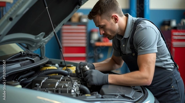 Fototapeta Auto Mechanic Repairing Car Engine Under Hood - Professional Vehicle Service and Maintenance in Garage