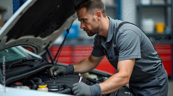 Fototapeta Professional Auto Mechanic Working on Car Engine in Garage