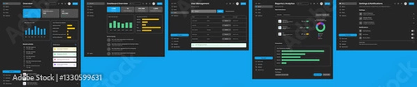 Fototapeta Admin Dashboard, Control Management,  Console UI & Backend Panel Black UI Kit Dark Web App Template