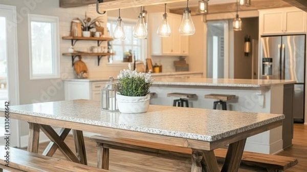 Fototapeta Rustic farmhouse dining table with an elegant bench in front of a bright, modern kitchen featuring a granite countertop