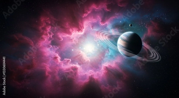 Fototapeta Cosmic Ringed Planet Glowing Vibrantly Pink Nebula. AI Generated