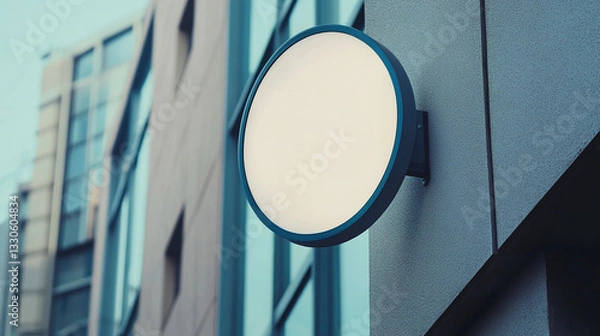 Fototapeta Blank Round Sign Board Attached on Wall of Building Perfect for Branding, Advertising, and Storefront Logo Display.

