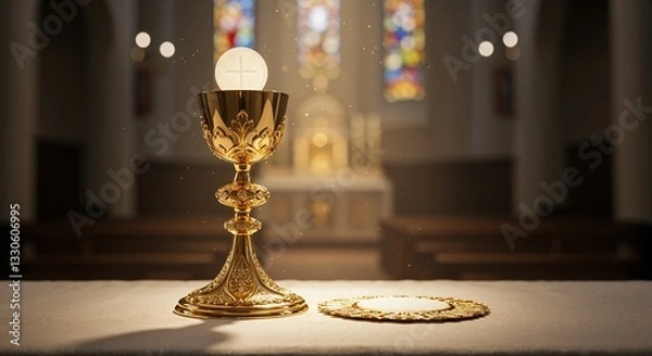 Obraz Golden chalice and communion wafer on altar in Catholic church for religious ceremonies, blogs, and spiritual design