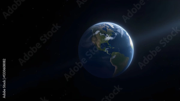 Fototapeta Realistic Earth Planet in Space - Blue Globe with Continents North and South America - Sunlight Ray - Detailed View of World from Space in Dark Starry Universe