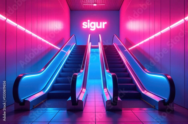 Fototapeta Two escalators with vibrant neon lighting in a modern interior. Pink and blue color scheme creates a futuristic and stylish atmosphere.