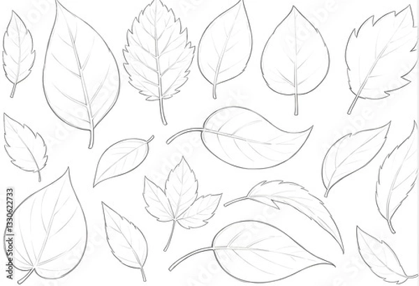 Fototapeta Black and white sketch of various leaf outlines with different shapes and sizes. Hand-drawn style illustration, perfect for coloring books, design elements, and botanical concepts.