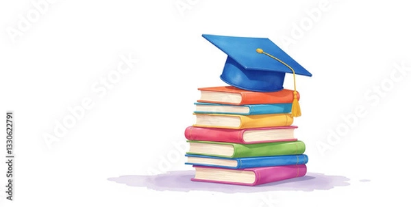 Fototapeta Colorful illustration of a graduation cap on a stack of books. Perfect for education and graduation related projects.