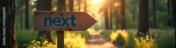 Fototapeta Wooden signpost pointing right in a sunlit forest. Concept of next step, future, journey.