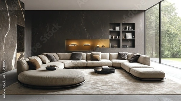 Fototapeta Modern sectional sofa with ottoman in a spacious living room featuring dark walls and large windows