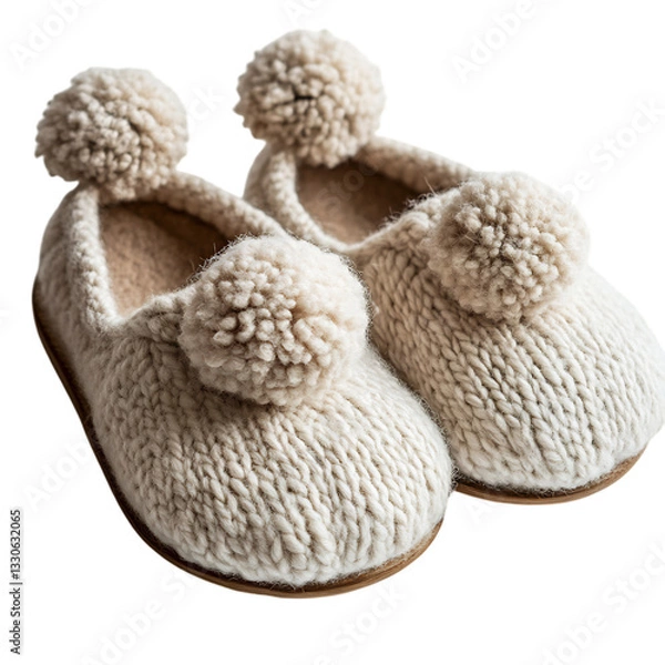 Fototapeta A Pair of White Woolen Slippers with Pom Poms Isolated on Transparent Background