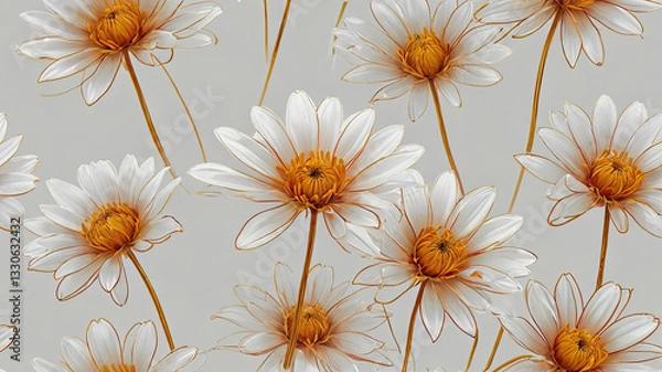 Fototapeta A repeating pattern with daisy flowers in monochrome tones with a gold accent