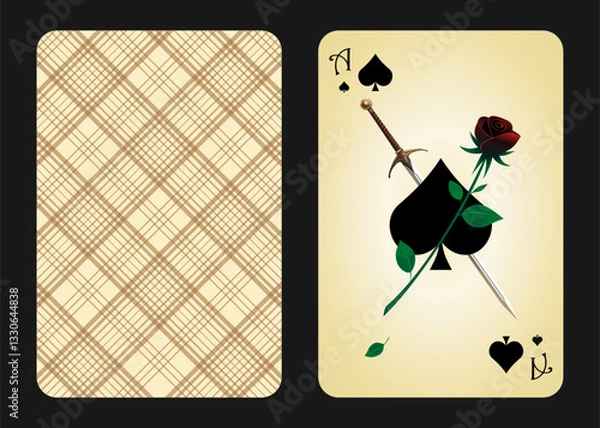 Fototapeta Original design of the playing card ace of spades, front and back. Ace of Spades in cartoon vintage style. Vector illustration
