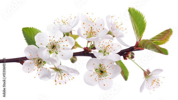 Obraz Cherry tree branch blooming with delicate white flowers on transparent background