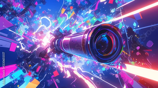 Obraz Abstract representation of a vibrant lens surrounded by colorful fragments, conveying dynamic motion