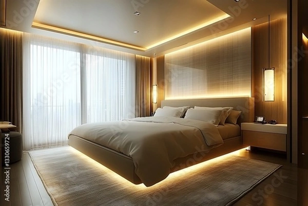Fototapeta Modern Beige Bedroom Interior With Warm Lighting