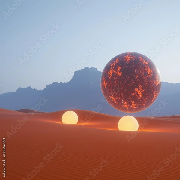 Fototapeta Surreal Scene in the Desert with Floating Spheres and Mysterious Mountain