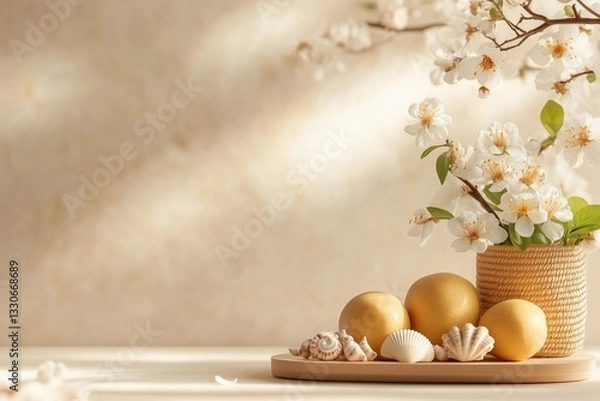 Fototapeta Centerpiece with golden eggs and seashells surrounded by cherry blossom branches in a warm, soft-lit setting