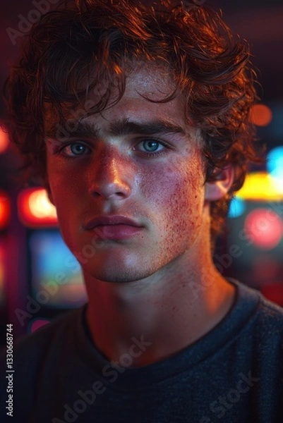 Fototapeta Young man with striking blue eyes and tousled hair in a dim arcade setting during the evening hours