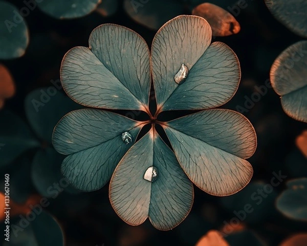 Fototapeta A detailed image showing a five leaved plant with droplets