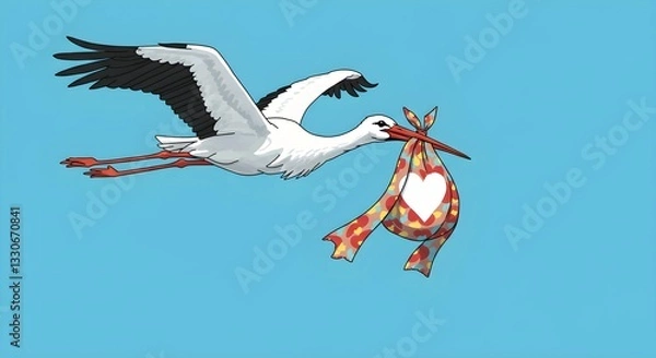 Obraz illustration white stork carry a bundle of cloth hung from its beak marked "heart" in white clear sky background
