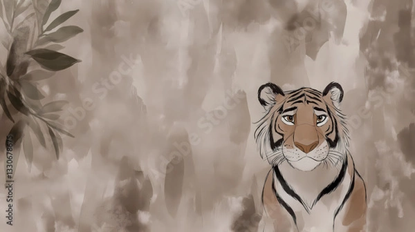 Fototapeta Sad tiger in watercolor style with room for message / text