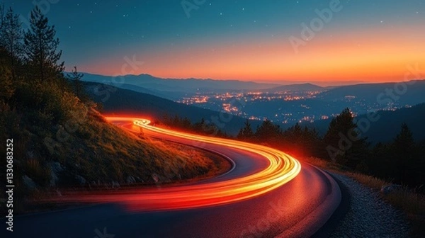 Fototapeta Majestic Mountain Road at Sunset with Light Trails