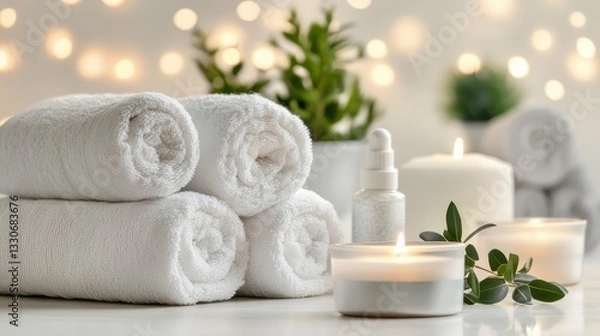 Obraz Serene Spa Setting: Luxurious Towels, Candles, and Essential Oils