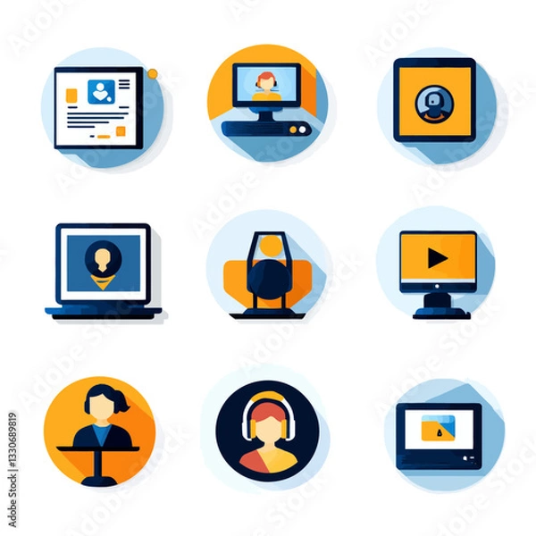 Fototapeta Online Meeting Icons Set: Webinar, Video Conference, and Virtual Communication