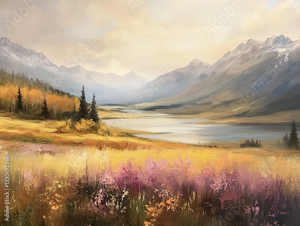Obraz Painting of a lake, trees and  mountains