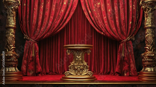 Fototapeta A Luxurious gold lined podium with red velvet curtains in royal setting