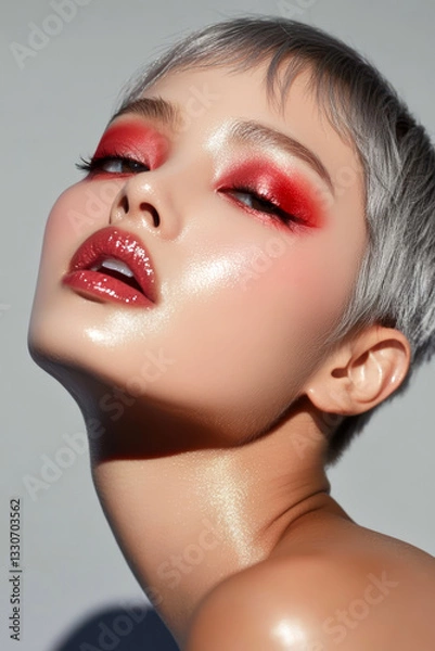 Fototapeta Beauty portrait of a young model with red eyeshadow and lipstick, gray hair and shiny skin posing with inclined head for a makeup advertising campaign