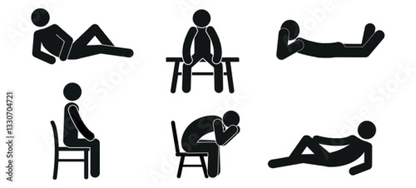 Fototapeta a set of pictographs of human figures, a stick, a man lying, sitting on a chair, sitting on a bench, isolated on a white background