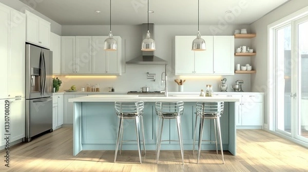 Fototapeta A contemporary coastal kitchen with ivory white cabinets and a soft pastel blue island with stylish chrome barstools