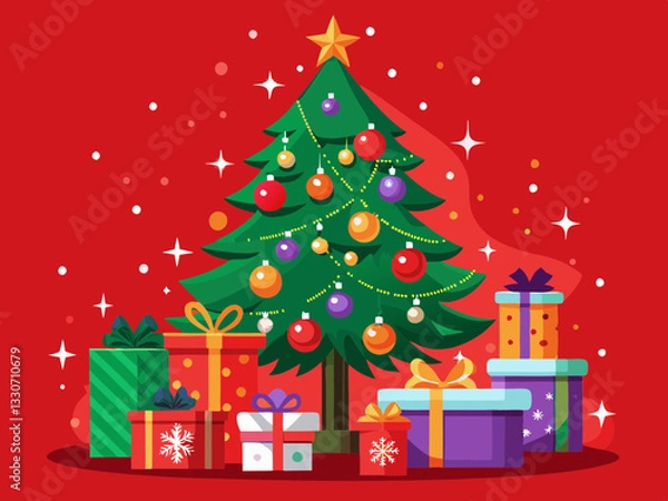 Fototapeta vector of  A decorated Christmas tree with snowflakes and gifts on a red background during the holiday season, creating a festive atmosphere