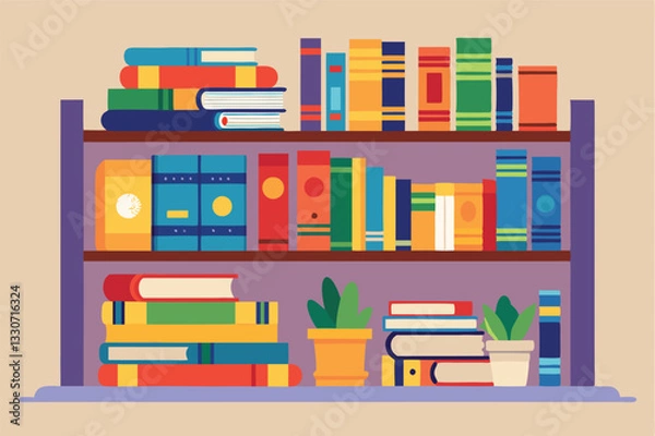 Obraz Colorful vector illustration of a bookshelf filled with various books in a warm setting suitable for educational and creative purposes