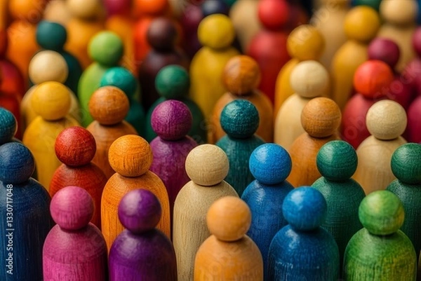 Fototapeta diverse collection of colorful wooden figurines standing in rows, representing community spirit
