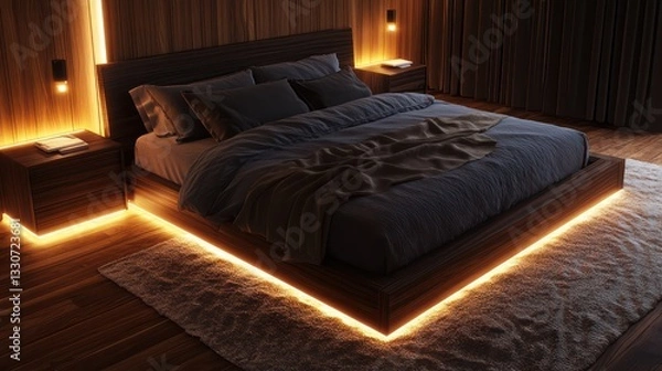 Fototapeta A luxurious bedroom with a dark wood bed and bedside tables, each featuring glowing LED lights that softly illuminate the fabric and wooden surfaces