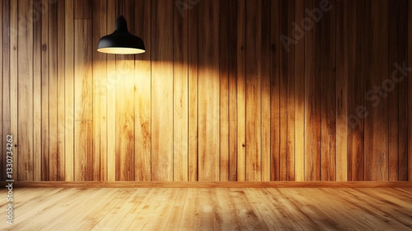 Fototapeta Wooden Wall And Floor With Hanging Pendant Light Casting A Warm Glow Creating A Cozy Rustic And Inviting Interior Ambiance.







