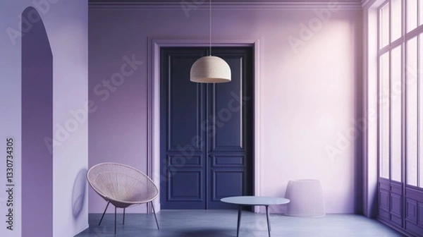 Fototapeta Lavender room, modern chair, round table, French doors, sunlight