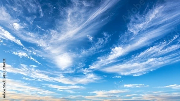 Fototapeta Majestic, wispy clouds against a vibrant blue sky.  Vast expanse of fluffy, ethereal cloudscapes with a deep azure backdrop.  Delicate formations of white clouds dancing across a clear cerulean sky