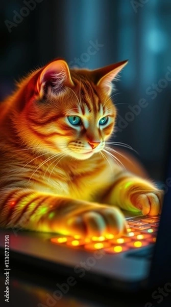 Fototapeta Intelligent Cat Working on Laptop