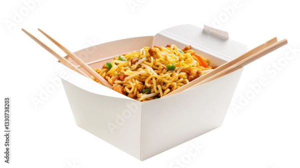 Obraz Wok noodles with vegetables and chicken meat in take away box on transparent background