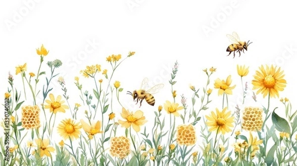 Fototapeta Watercolor composition with honeycombs, wild herbs and bee, with field herbs. Hand painted, illustration isolated on white background for cards