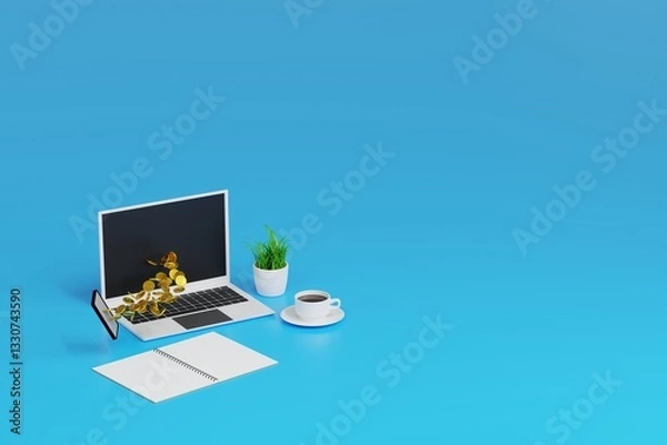 Fototapeta Gold coin money flying out of laptop screen, online market success concept. 3D rendering.