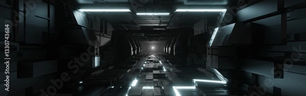 Fototapeta Sci-fi tunnel with glowing neon light, graphic for technology concept, 3D rendering.